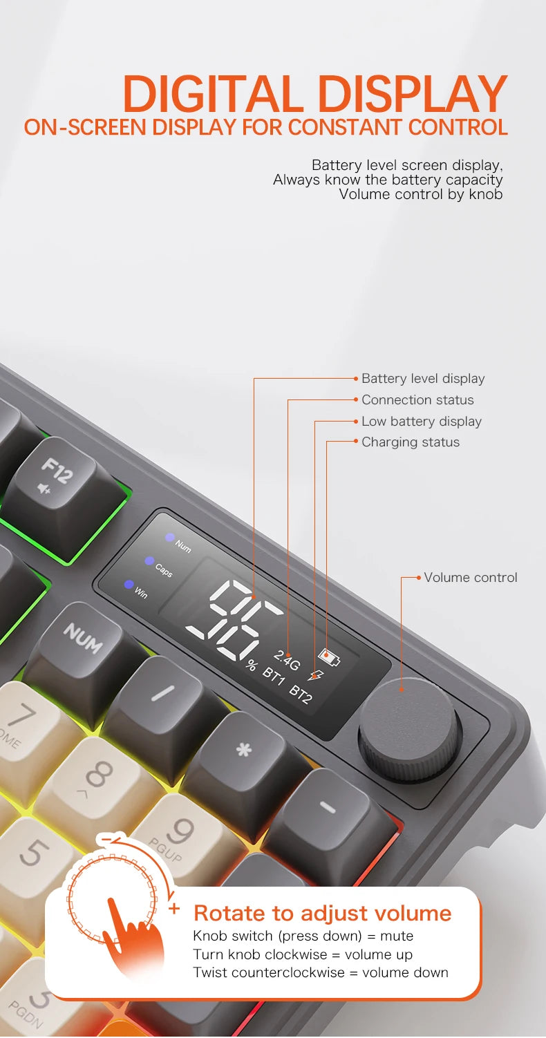 Teclado Sem Fios Bluetooth M96 FREEWOLF com Ecrã Digital, Retroiluminação RGB, Bateria de 2000mAh e Teclas PBT para PC/Portátil