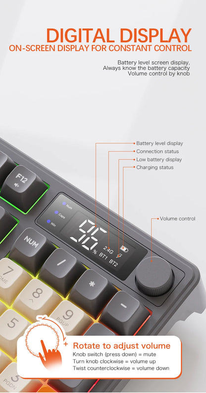 Teclado Sem Fios Bluetooth M96 FREEWOLF com Ecrã Digital, Retroiluminação RGB, Bateria de 2000mAh e Teclas PBT para PC/Portátil