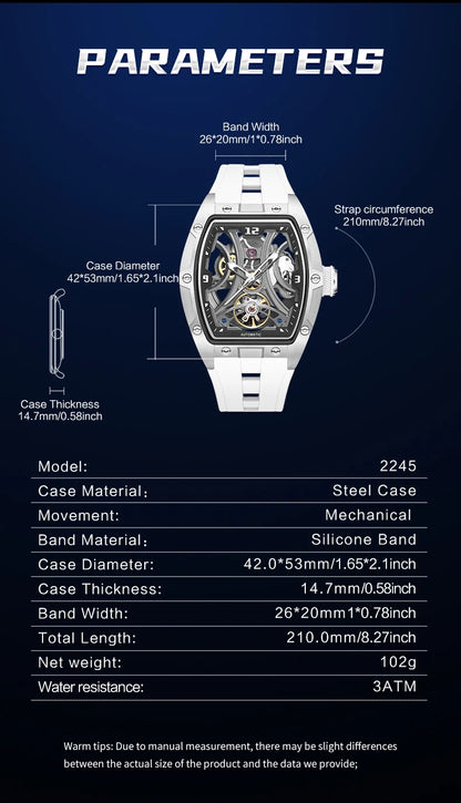 MEGIR Sports Style Automatic Mechanical Watch for Men Full Hollow Transparent Dial Design Stainless Steel Case Silicone Strap