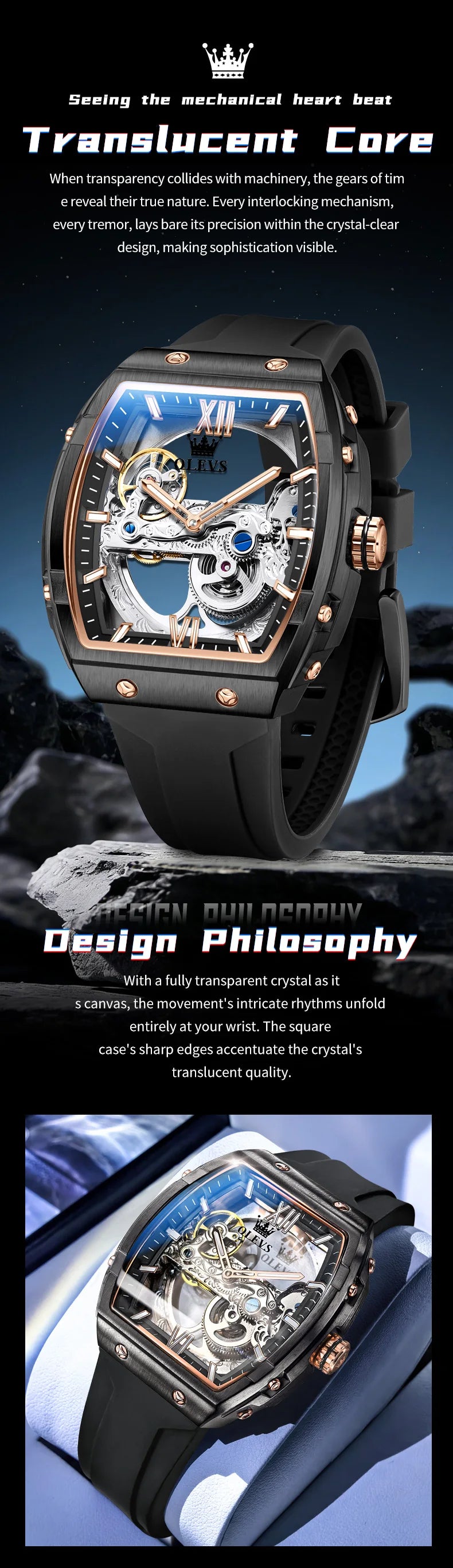 OLEVS 6779 Men's Watch Skeleton Mechanical Watch Fashion Business Sport Waterproof Luminous Silicone Strap Watches For Men