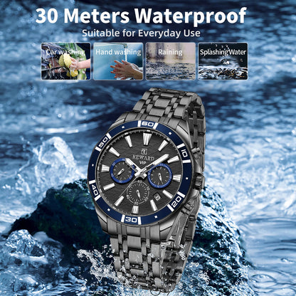 REWARD Mens Watches Waterproof  Luminous Quartz Wristwatch Business Stainless Steel Strap with gift box