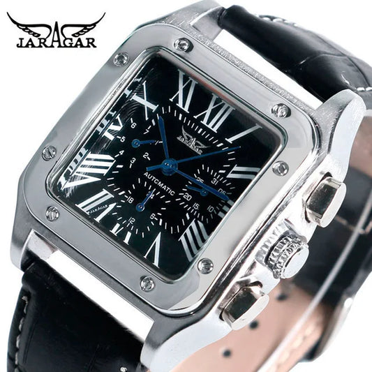 Fashion Jaragar Top Brand Men's Stylish Casual Skeleton Automatic Watch Multifunction Genuine Leather Strap Square Dial Business