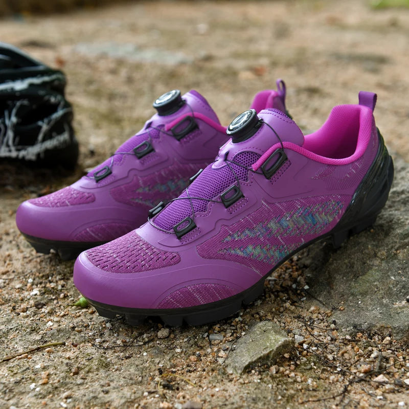 Sapatos de ciclismo MTB para homem e mulher T03 roxos respiráveis, de velocidade, autoblocantes, para ciclismo de estrada, corrida ao ar livre e treino
