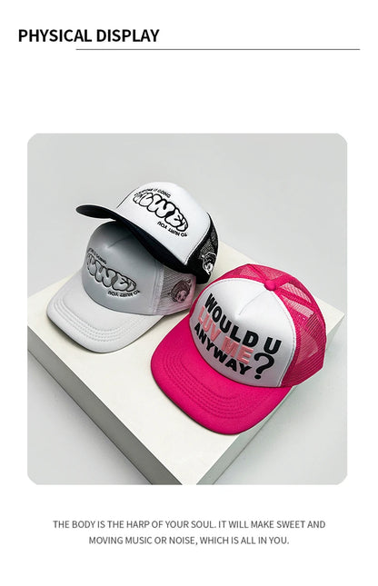 Novos bonés de basebol unissexo com blocos de cor, estampado com letras e bordado, estilo hip-hop, em malha respirável, com pala para proteção solar, bonés trucker urbanos e versáteis