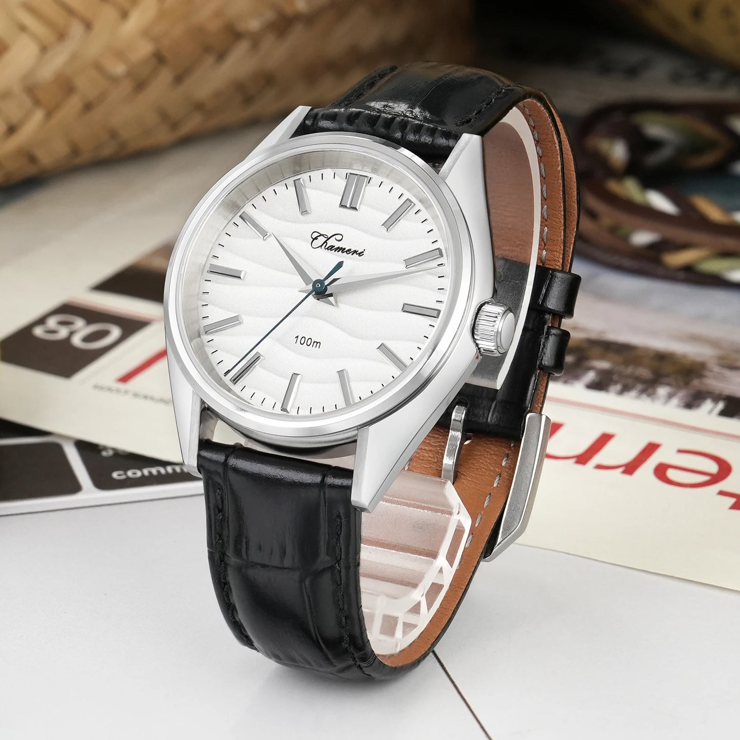 Watchdives Chameri GS04 Quartz Watches VH31 Movement Sapphire Crystal Ar 100M Waterproof Black Leather 37mm Vintage Wristwatches