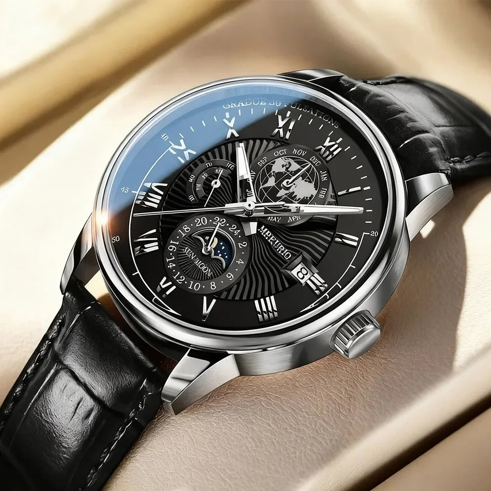 Men’s Luxury Sport Quartz Watch -  Waterproof Luminous Dial, Leather Strap & Date Display