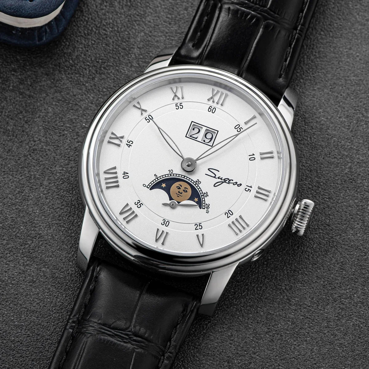 Sugess Moonphase Watch of Men 40mm Automatic Mechanical Wristwatches Seagul ST2528 Movement Stainless Steel Blue Sandstone Dial