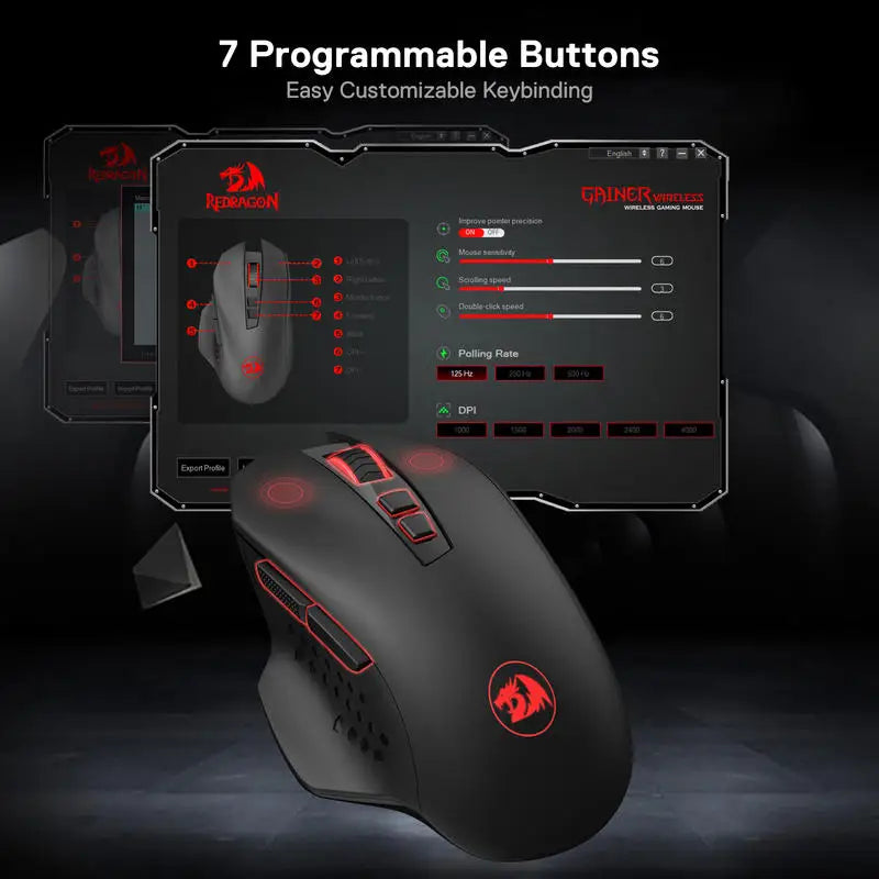 Mouse Gaming Wireless Redragon M656 Gainer, 4000 DPI, Mouse Gamer Wireless 2.4Ghz con 5 livelli DPI, 7 pulsanti macro, retroilluminazione LED rossa