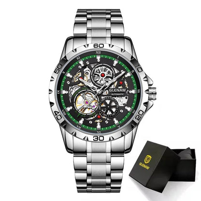 Montre-bracelet mécanique automatique pour homme GLENAW, style Steampunk avec cadran squelette, modèle de luxe, étanche, dotée d'aiguilles luminescentes et d'un bracelet en acier inoxydable.