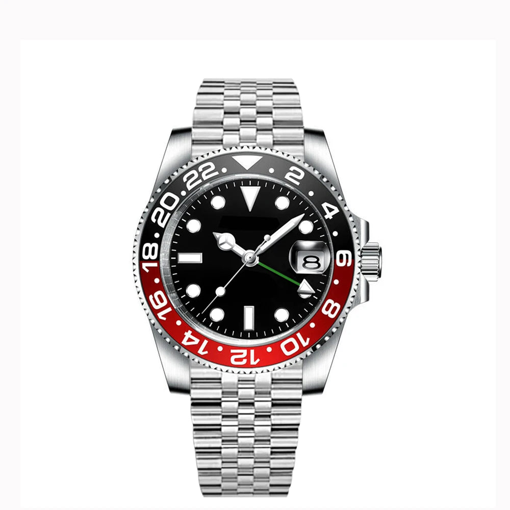 40MM Custom Logo New Men Quart Wristwatch Jubilee Stainless Quartz GMT Watch Sapphire Glass Men Watches Waterproof Luminous