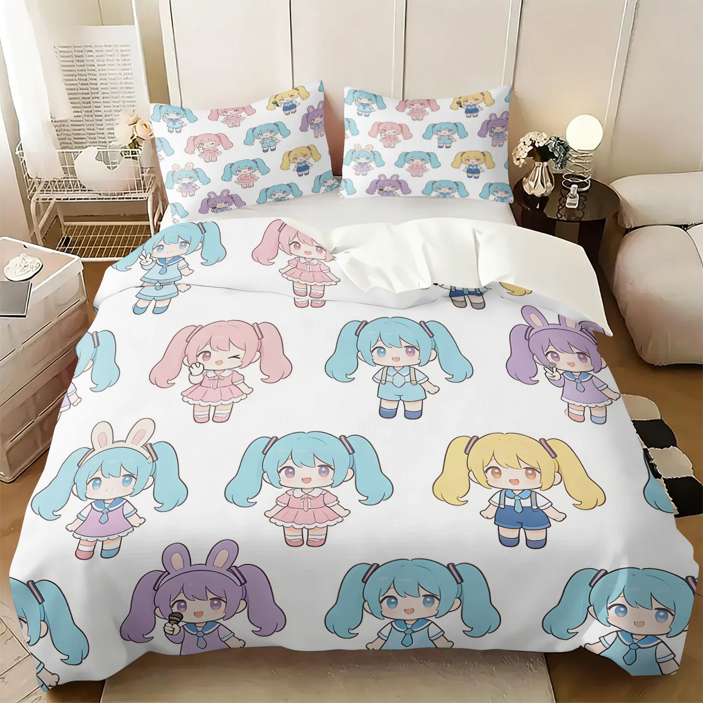 Hatsune Miku Chibi Style Duvet Cover Set Cute Anime Bedding with Pillowcases Gaming Room Teens Kids Bedroom Decor Gift for fans