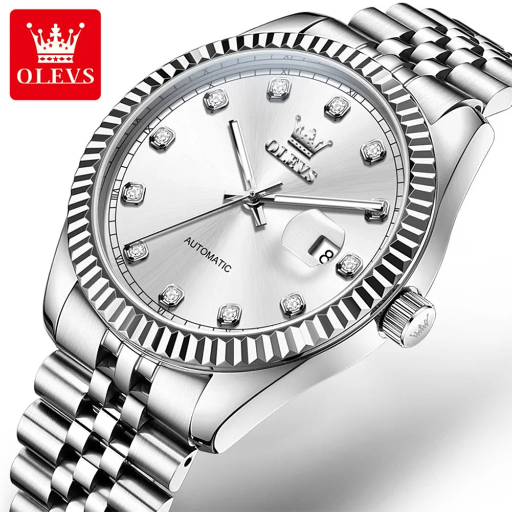 OLEVS New Automatic Watches Man Original Luxury Diamond Dial Stainless Steel Waterproof Auto Date Mechanical Watch for Men 6743