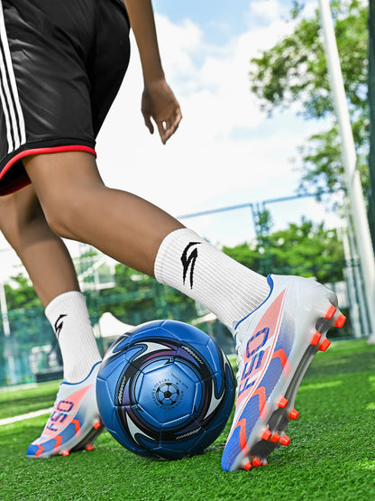 Chaussures de football pour adultes, modèle AG FG, avec crampons longs renforcés, empeigne respirante en PU, chaussures de football unisexes pour matchs sur gazon synthétique.