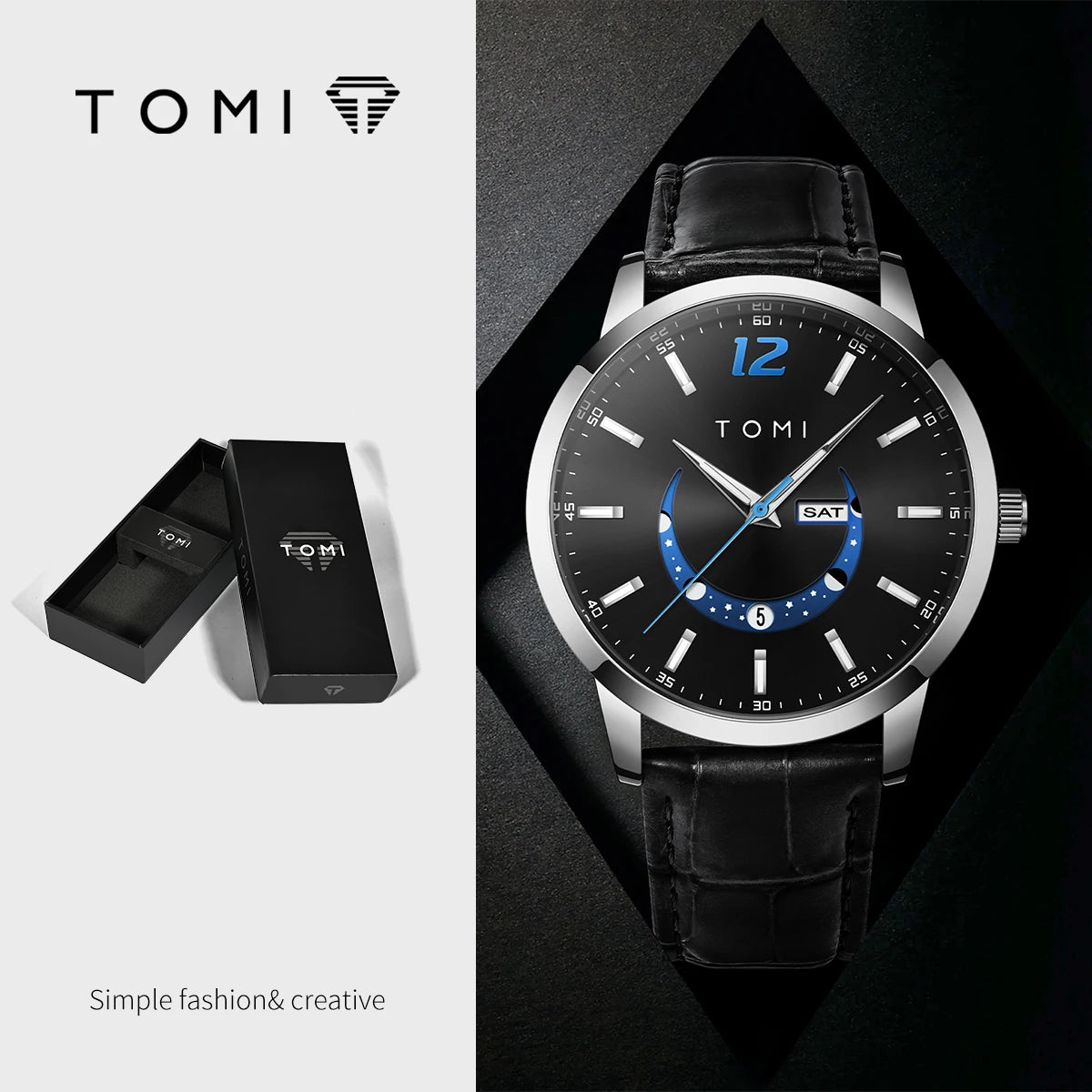 Reloj de cuarzo TOMI, de estilo elegante y profesional, con correa de piel, caja de aleación y esfera con agujas: diseño de alta gama, ideal como regalo para hombre.