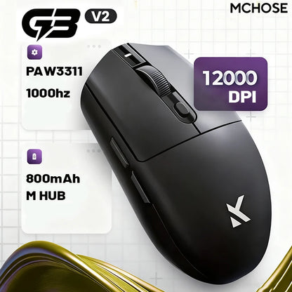 Rato sem fios eSports MCHOSE G3 V2 Pro leve, três modos, Bluetooth, PAW3395 de alto desempenho, 800mAh, gaming e escritório, 59g