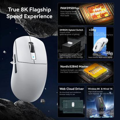 Mouse gaming Attack Shark R6 ultra leggero 38g, wireless PAW3950 con frequenza di polling 8K, Nordic 52840, 24000DPI, tri-mode