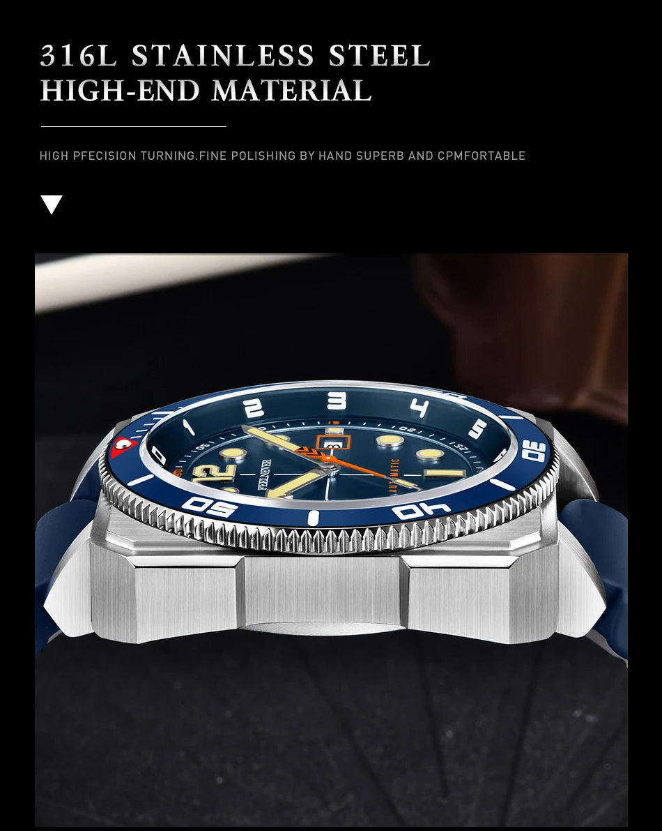 Relógio de Mergulho Automático para Homem FeelNever 8215 Movement, Super Luminoso, Aço 316, Vidro de Safira, Relógio Mecânico Desportivo Masculino