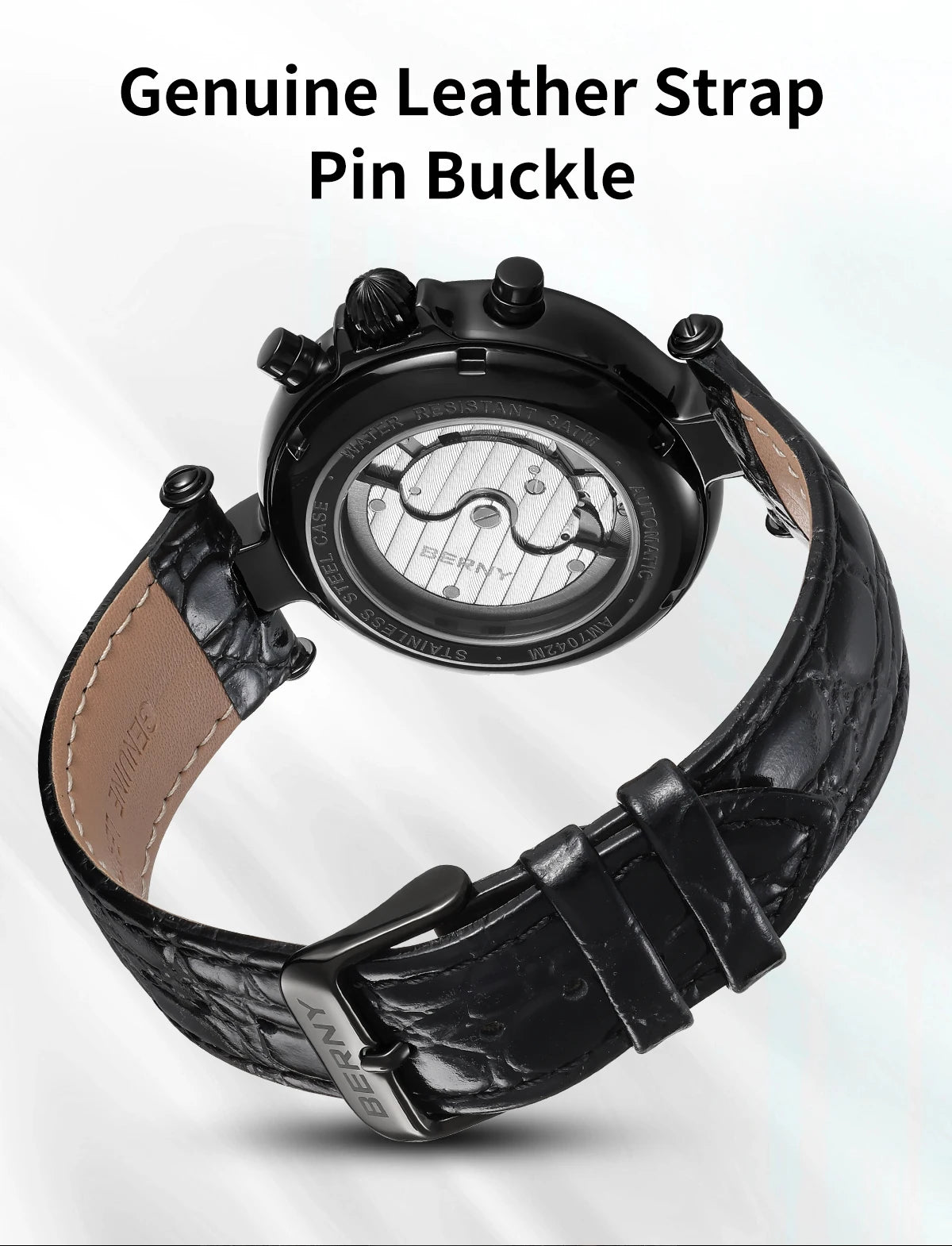 BERNY Classic Dress Automatic Watch for Men Luxury Stainless Steel Mechanical Wristwatch Leather Strap Waterproof Sliver Watches