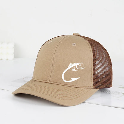 Trucker-kasket med bass-fiskekrog-print, justerbar, unisex, mesh, til fiskeentusiaster, solhat