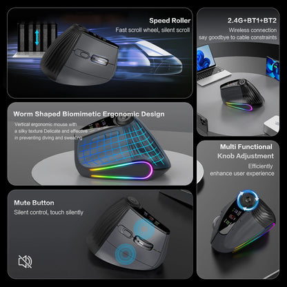 Jomaa RGB-verlichte Speed Roller draadloze verticale muis met functie-instelknop, Bluetooth USB, ergonomische muis, stille klik