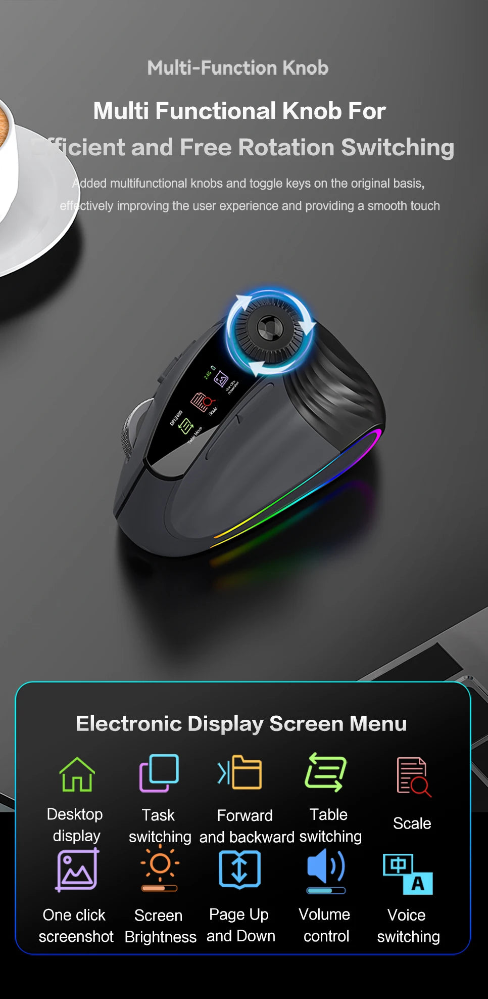 Jomaa RGB-verlichte Speed Roller draadloze verticale muis met functie-instelknop, Bluetooth USB, ergonomische muis, stille klik