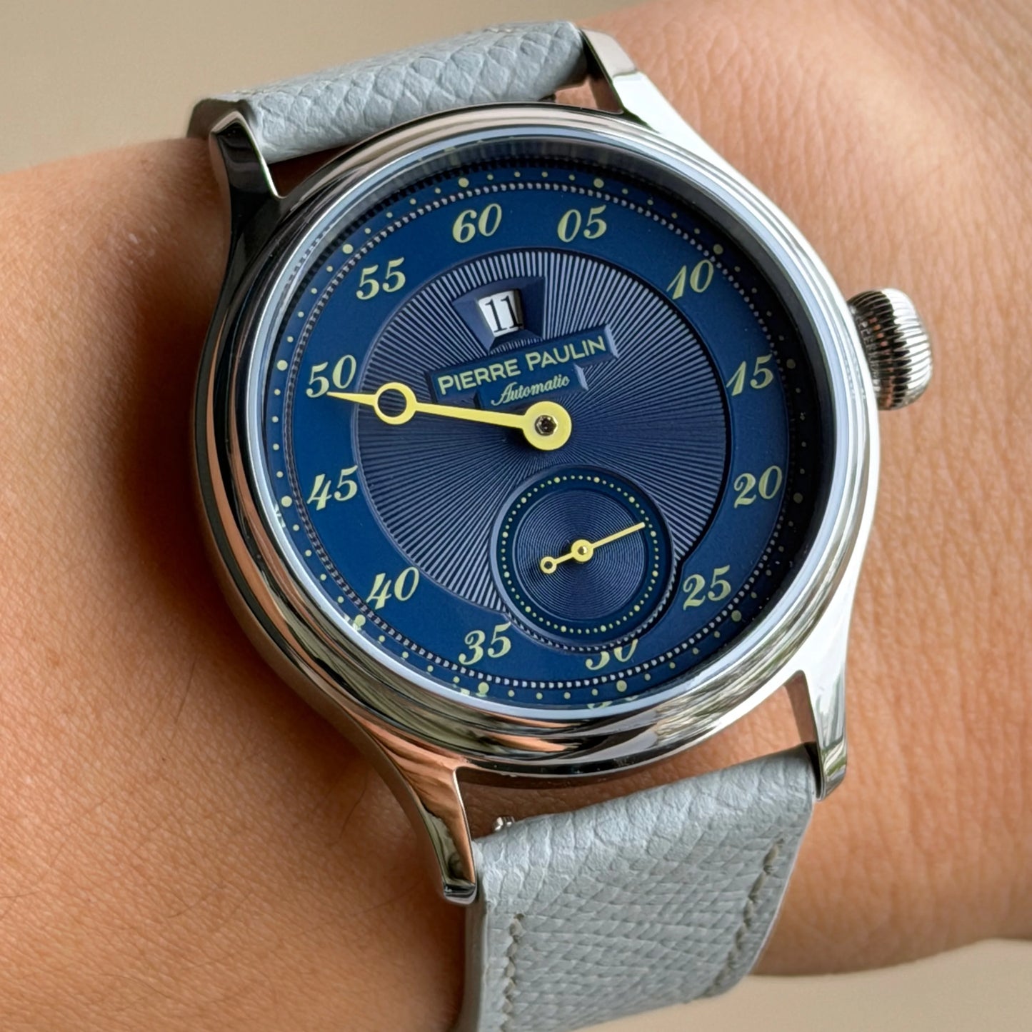 Sapphire Crystal NEW Pierre Paulin Jumping Hour Men Watch Salmon Dial Automatic St17 Mechanical Watch Vintage Date Window