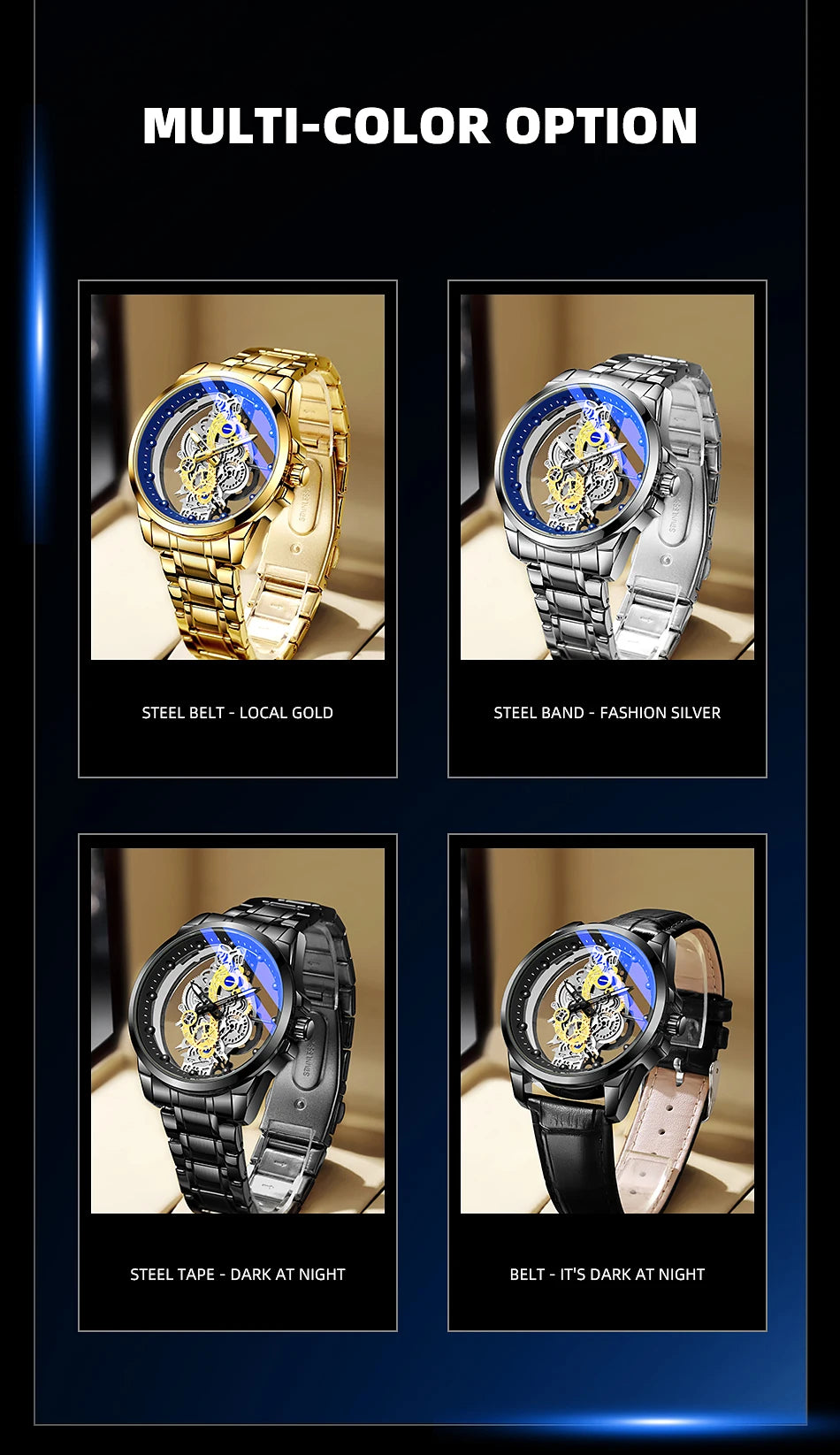 TPW Men’s Luxury Black & Gold Skeleton Quartz Watch Fashion Wristwatch