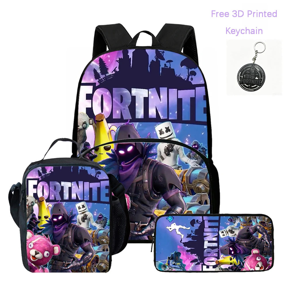 Conjunto FORTNITE leve de 3 peças: mochila com bolso frontal, lancheira e estojo, com porta-chaves 3D impresso grátis, para meninos, meninas e crianças dos 5 aos 10 anos