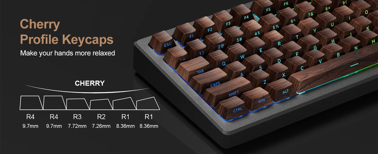 Grano de madera, tecla translúcida de cerezo con grabado lateral en PBT, 126 teclas, personalizada para teclado mecánico 60/84/98/108