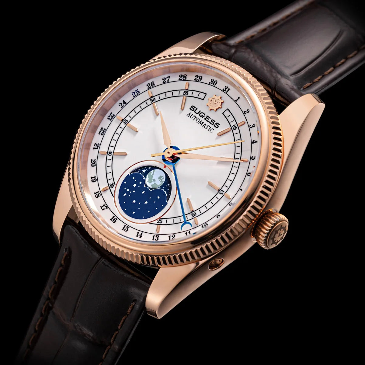 Sugess 40mm Men's Moonphase Automatic ST2108 Movement Sapphire Crystal Mechanical Wristwatch Waterproof Date 2024 New