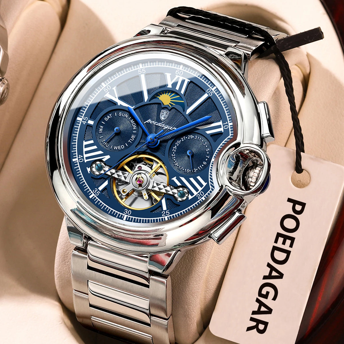 Pánské hodinky POEDAGAR, luxusní a profesionální styl, s ukazatelem data a dne v týdnu, tourbillonem, pouzdrem z nerezové oceli, automatickým mechanickým strojkem a vodotěsností.