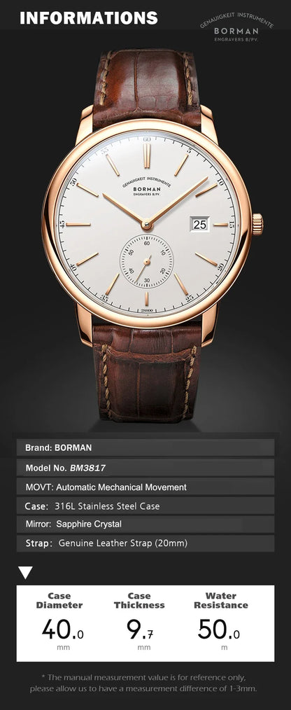 Relógio BORMAN BM3817 TOP Novo 42 de Luxo para Homem, Mecânico Automático, Vidro de Safira, Ultrafino, 50M à Prova de Água, com Submostrador