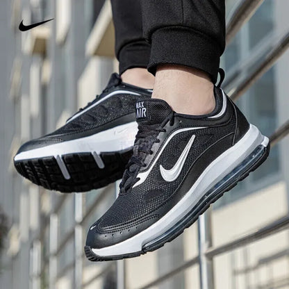Nike Full-Length Air Cushion Shock-Absorbing Rebound Training Men's Running Shoes. New Air Max Ap Fabric and Leather Upper, Lightweight and Comfortable Fitness Sports Running Shoes. Classic Retro Black and White Versatile Cas