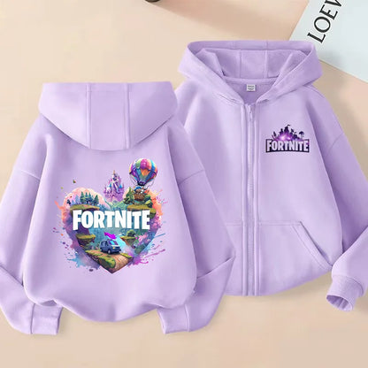 Casacos com capuz e fecho para criança Fortnites, sweatshirts Anime Fortress Night, sweatshirts gaming de primavera/outono, roupa desportiva infantil, presente