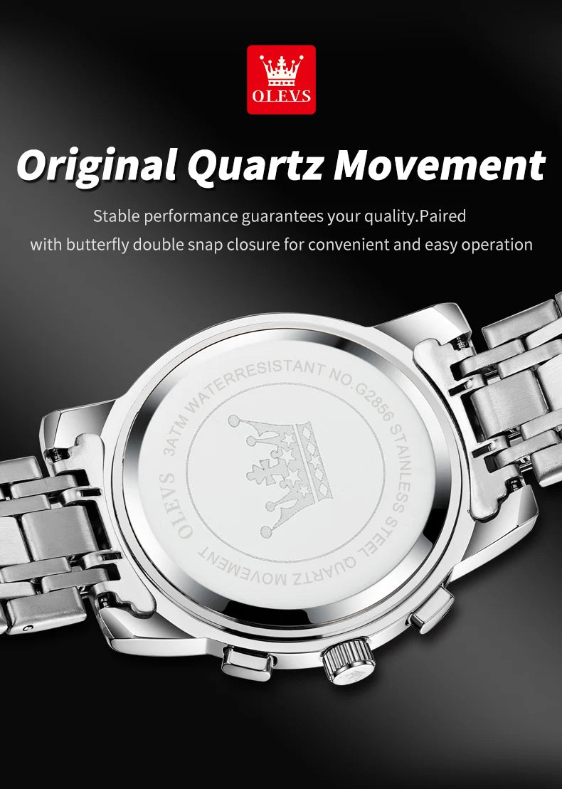 OLEVS Men's Watches Classic Multifunctional Flywheel Chronograph Original Quartz Wristwatch Moon Phase 24 Hour Waterproof Watch