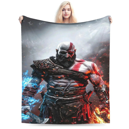 God of War Games Kratos Cartoon Flannel Blanket  Super Soft Throw Blanket for Couch Bed Travel Street Trend Bedspread Sofa Bed