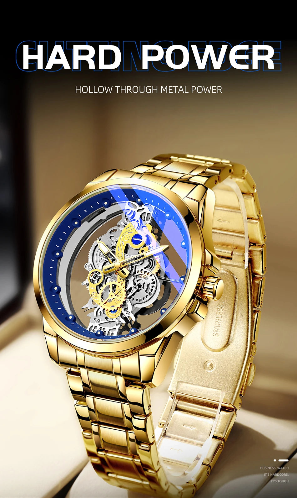 TPW Men’s Luxury Black & Gold Skeleton Quartz Watch Fashion Wristwatch