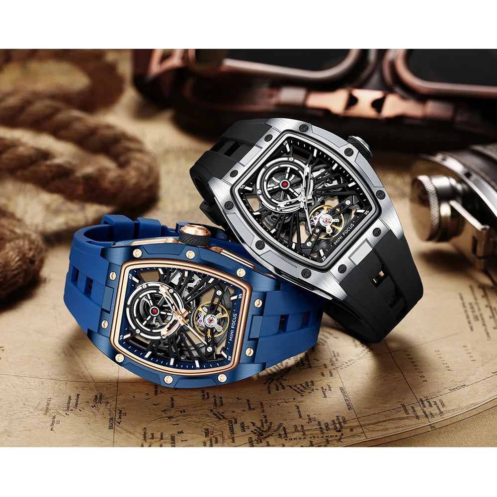 MINI FOCUS Men's Wristwatch Fashion Black Waterproof Automatic Mechanical Watch with Luminous Hands Silicone Strap Tonneau Dial