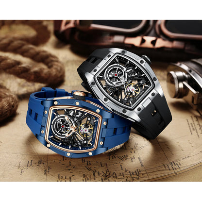 MINI FOCUS Men's Wristwatch Fashion Black Waterproof Automatic Mechanical Watch with Luminous Hands Silicone Strap Tonneau Dial