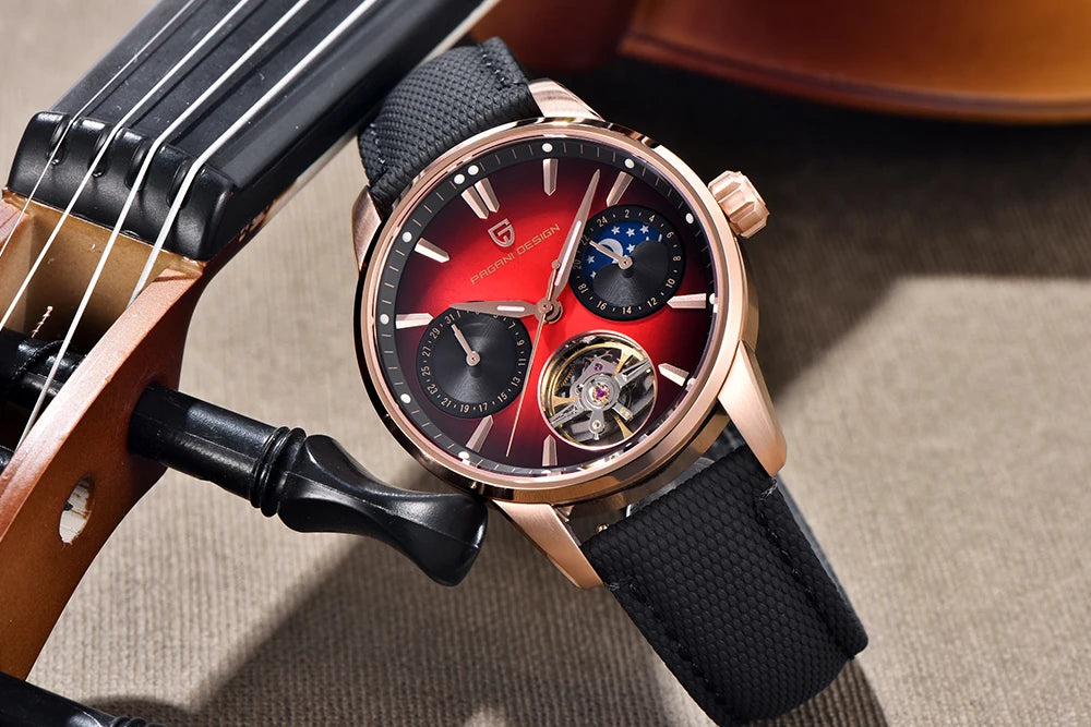 PAGANI DESIGN – Mekanisk lyxklocka för män, 41 mm, safirglas, läderarmband, vattentät, pilotstil, med tourbillon och månfas