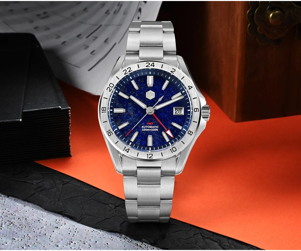 Reloj de lujo para hombre San Martin 39mm con esfera de aventurina, NH34 GMT automático mecánico, zafiro, resistente al agua, luminoso, SN0129