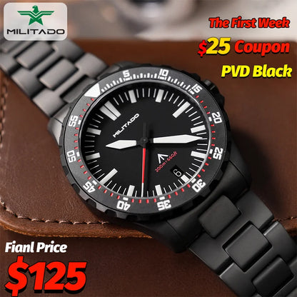 Militado ML16 PVD Black Quartz Wrist Watches VH31/Ronda 515 39Mm Retro Watch Sapphire Luminous BGW9 200M Waterproof Dive Watch