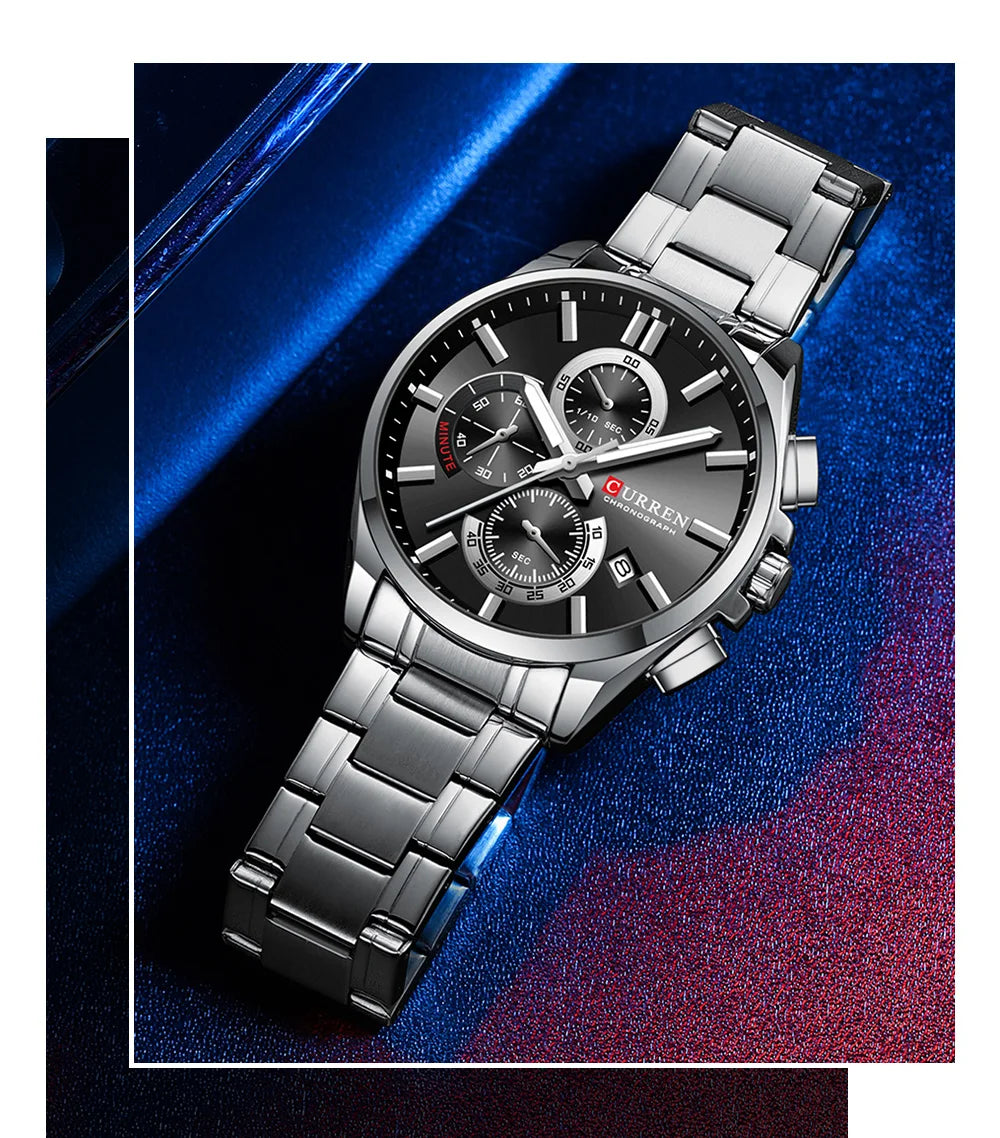 Montre homme CURREN, marque de luxe, originale, étanche, en acier inoxydable, chronographe, phase de lune, date, cadran rotatif