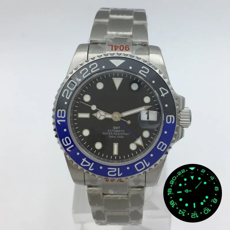 BLIGER 40mm NH34 GMT Watch For Men Mechanical Wristwatch Luminous Bezel Sapphire Glass Stainless Steel Bracelet Men's Watch