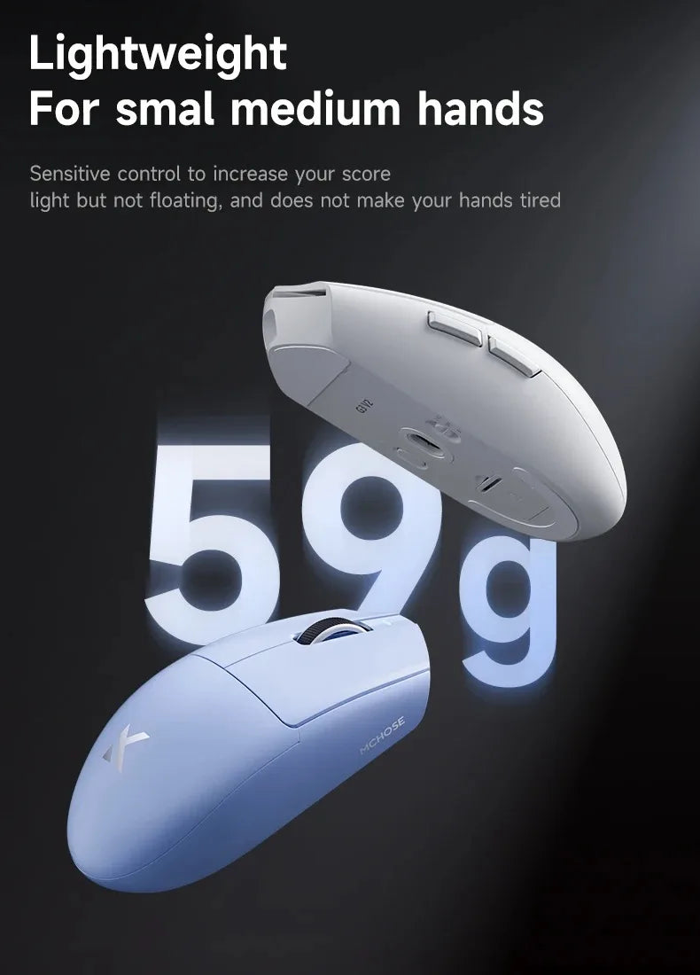 Rato sem fios eSports MCHOSE G3 V2 Pro leve, três modos, Bluetooth, PAW3395 de alto desempenho, 800mAh, gaming e escritório, 59g