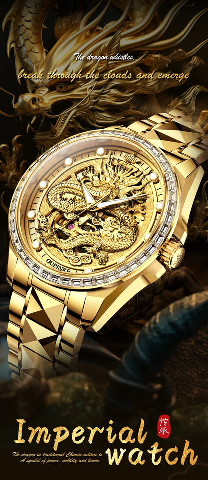 OUPINKE Orologio da uomo Top Brand di lusso in oro e acciaio al tungsteno, orologio da polso meccanico automatico originale con quadrante con motivo drago