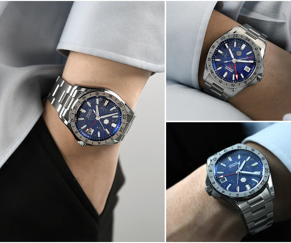 Reloj de lujo para hombre San Martin 39mm con esfera de aventurina, NH34 GMT automático mecánico, zafiro, resistente al agua, luminoso, SN0129