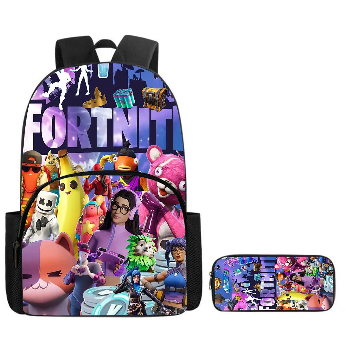 Fortnite Cartoon 2-Piece Set Backpack with Front Pocket Pencil Case Unisex Large Capacity School Bag Ages 5-8