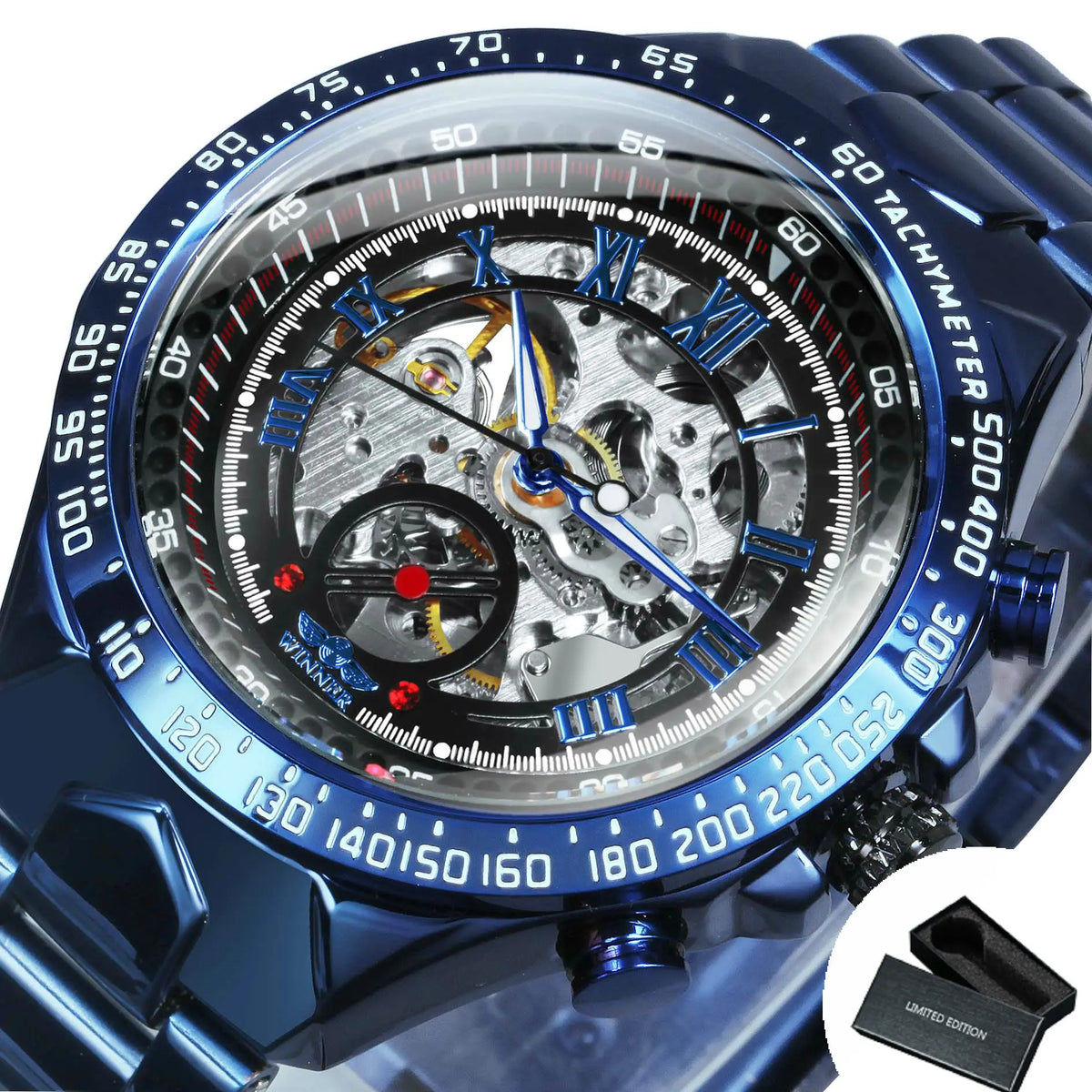 WINNER automatisch herenhorloge – Transparant skeletmodel, lichtgevende wijzers, roestvrijstalen band, mechanisch horloge van een luxemerk