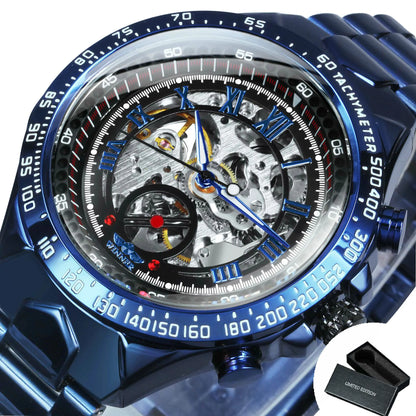 WINNER automatisch herenhorloge – Transparant skeletmodel, lichtgevende wijzers, roestvrijstalen band, mechanisch horloge van een luxemerk